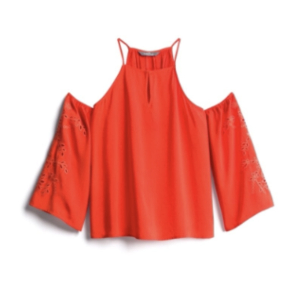 NWT Market & Spruce Red Orange Jaimy Cold Shoulder Embroidered Blouse
